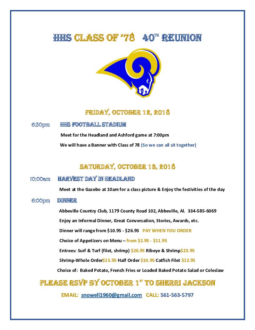 2018 10 12 13 HHS Class of 1978 40th Reunion flyer